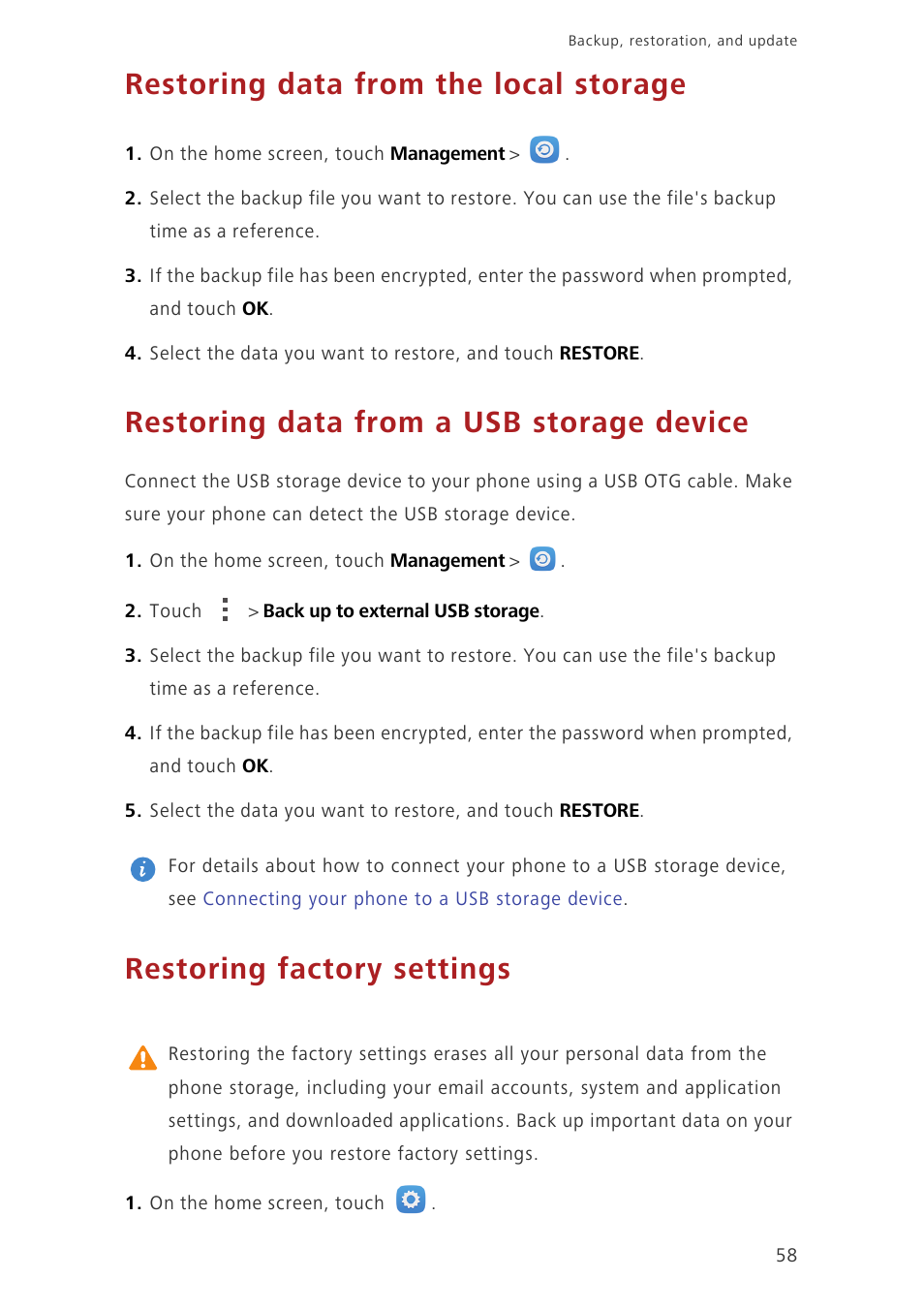 Restoring data from the local storage, Restoring data from a usb storage device, Restoring factory settings | Huawei Honor 6 User Manual | Page 62 / 81