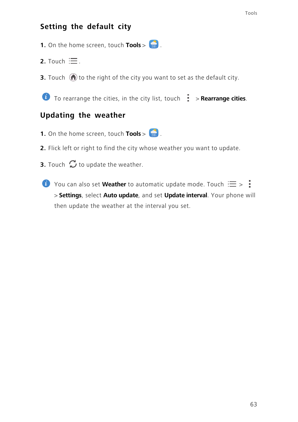 Setting the default city, Updating the weather | Huawei Honor 6 User Manual | Page 67 / 81