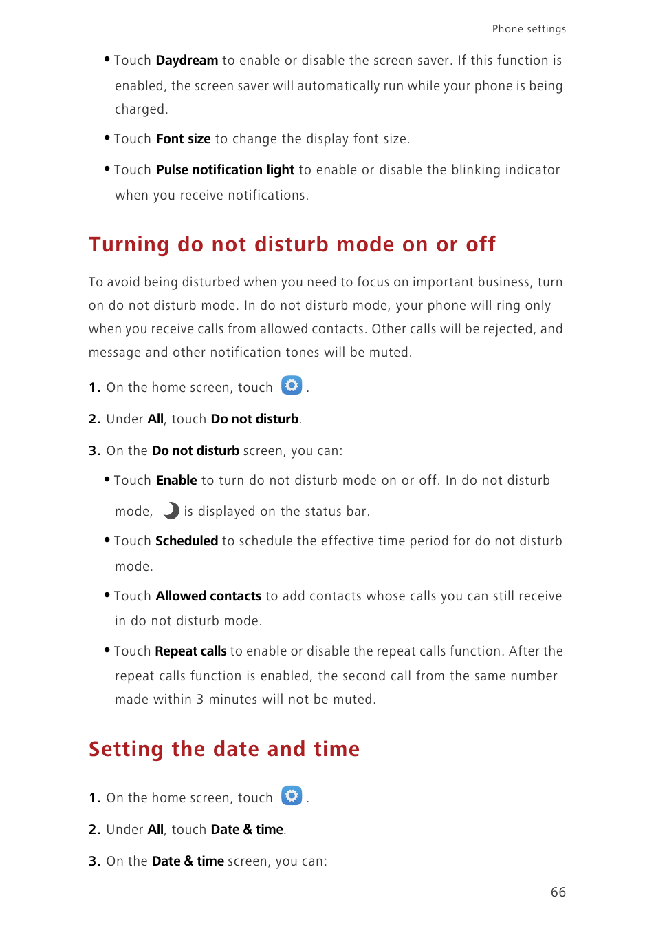 Turning do not disturb mode on or off, Setting the date and time | Huawei Honor 6 User Manual | Page 70 / 81