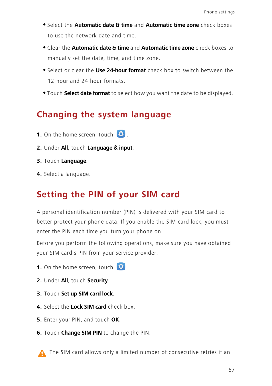 Changing the system language, Setting the pin of your sim card | Huawei Honor 6 User Manual | Page 71 / 81