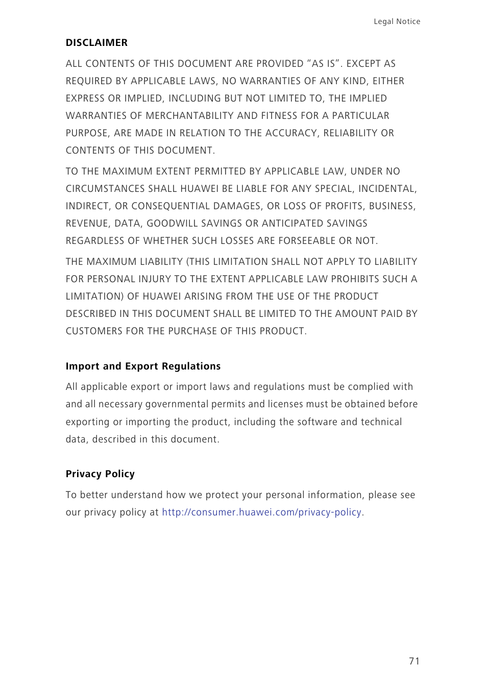 Disclaimer, Import and export regulations, Privacy policy | Huawei Honor 6 User Manual | Page 75 / 81