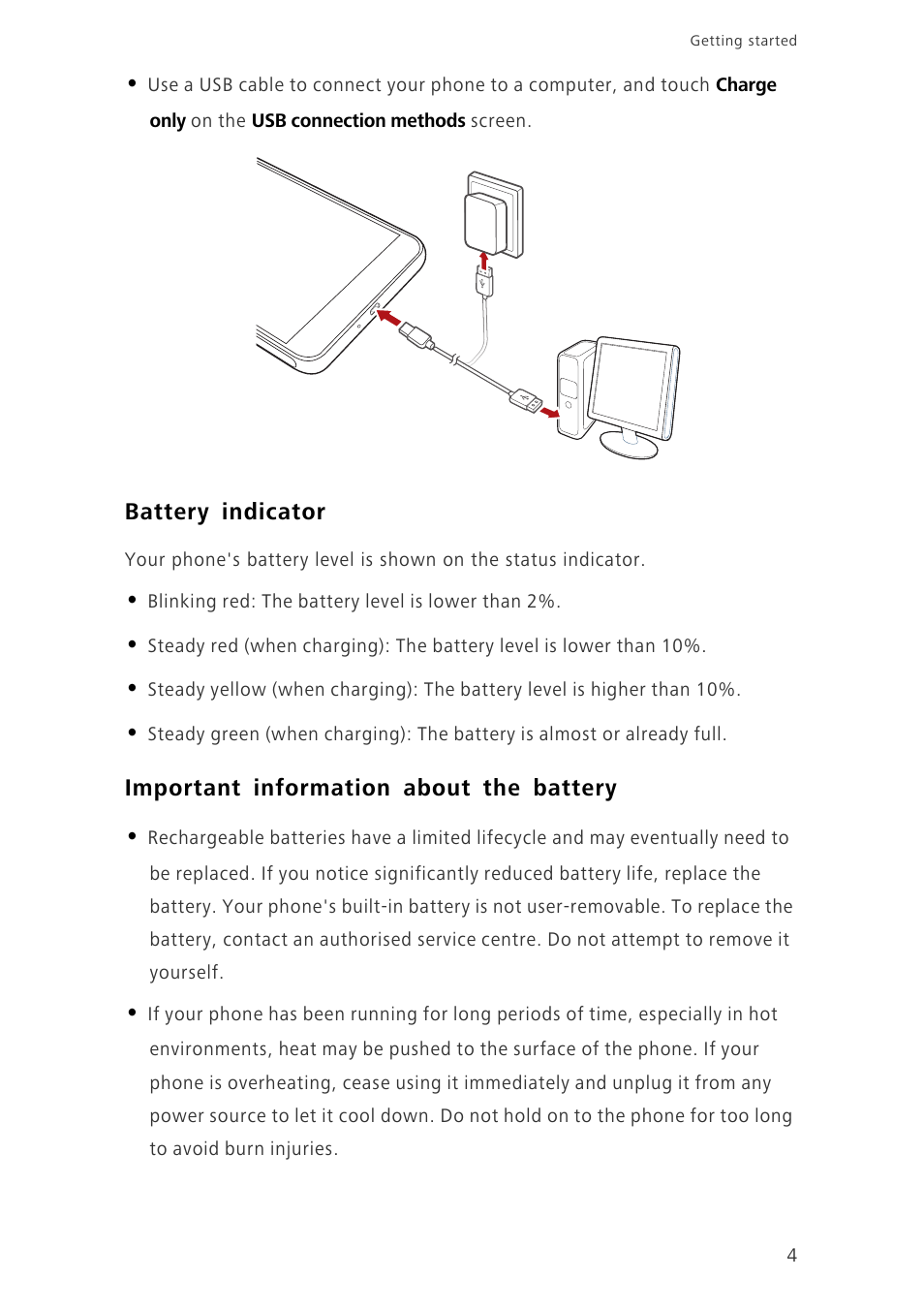 Battery indicator, Important information about the battery | Huawei Honor 6 User Manual | Page 8 / 81