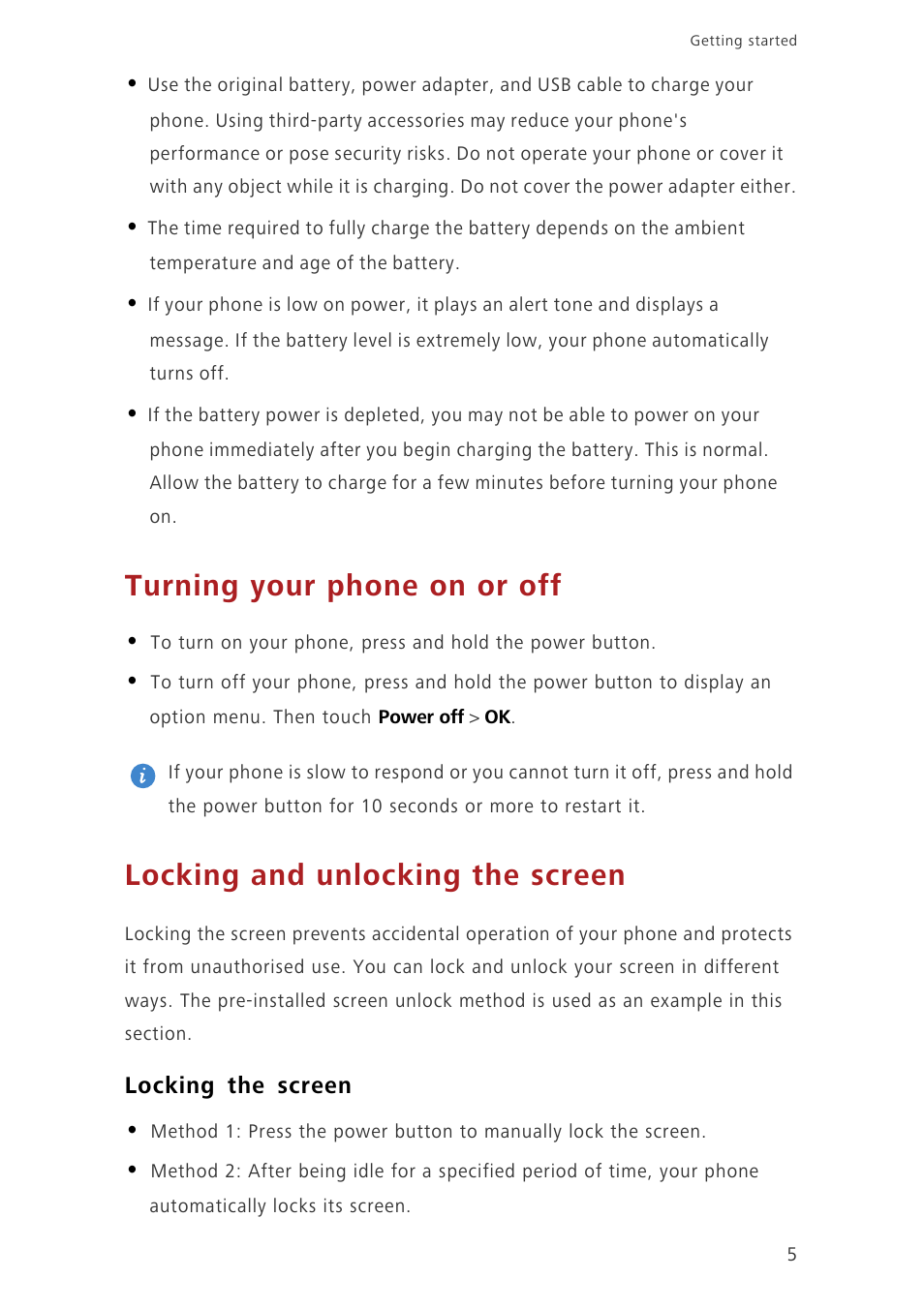 Turning your phone on or off, Locking and unlocking the screen, Locking the screen | Huawei Honor 6 User Manual | Page 9 / 81
