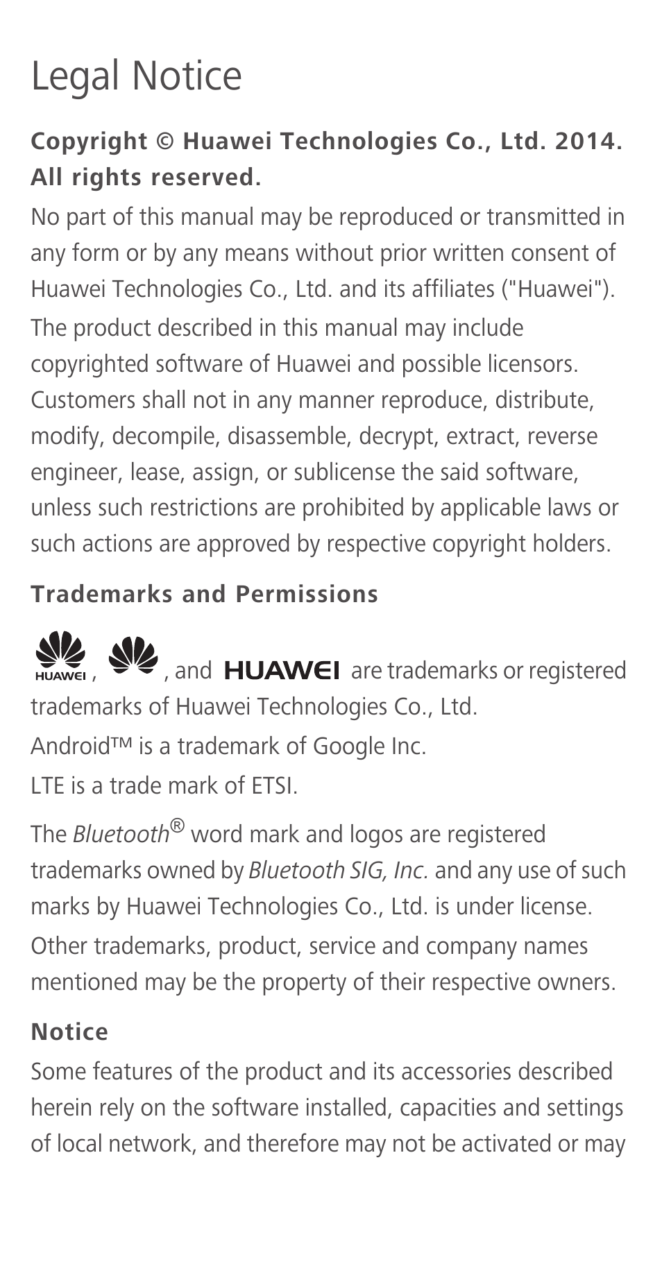 Legal notice, Trademarks and permissions, Notice | Huawei Ascend Y550 User Manual | Page 10 / 28