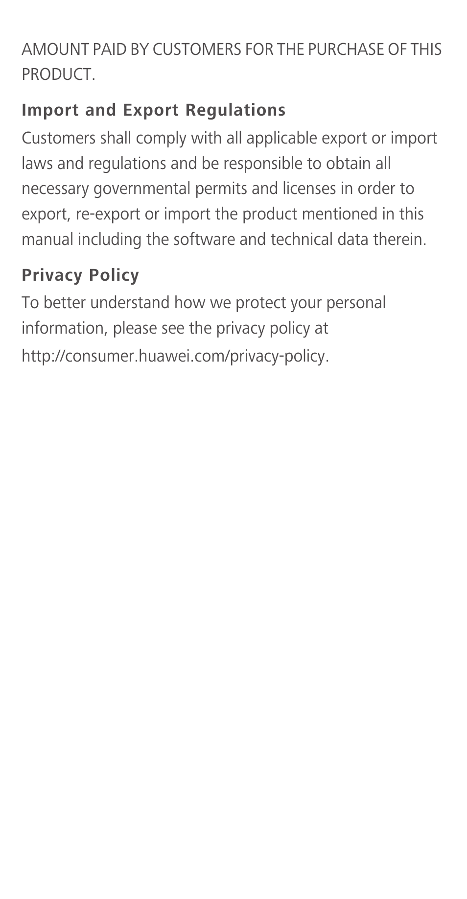 Import and export regulations, Privacy policy | Huawei Ascend Y550 User Manual | Page 13 / 28