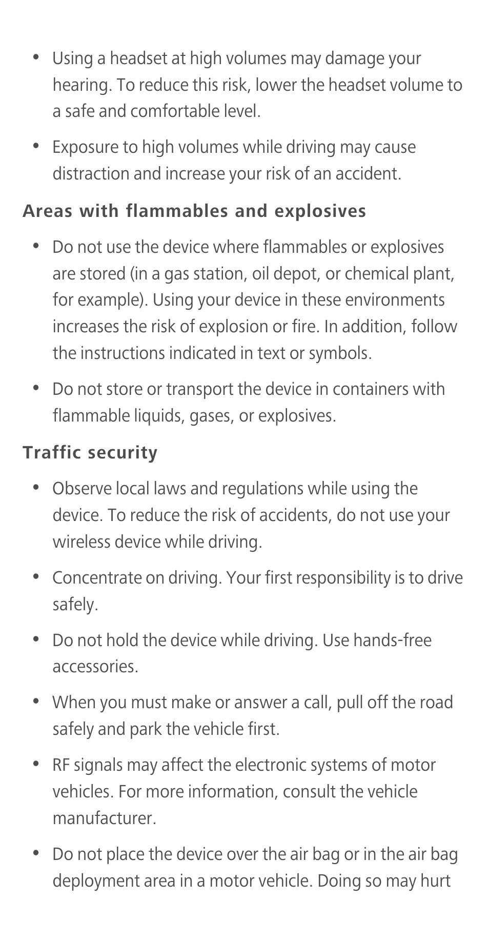 Areas with flammables and explosives, Traffic security | Huawei Ascend Y550 User Manual | Page 17 / 28