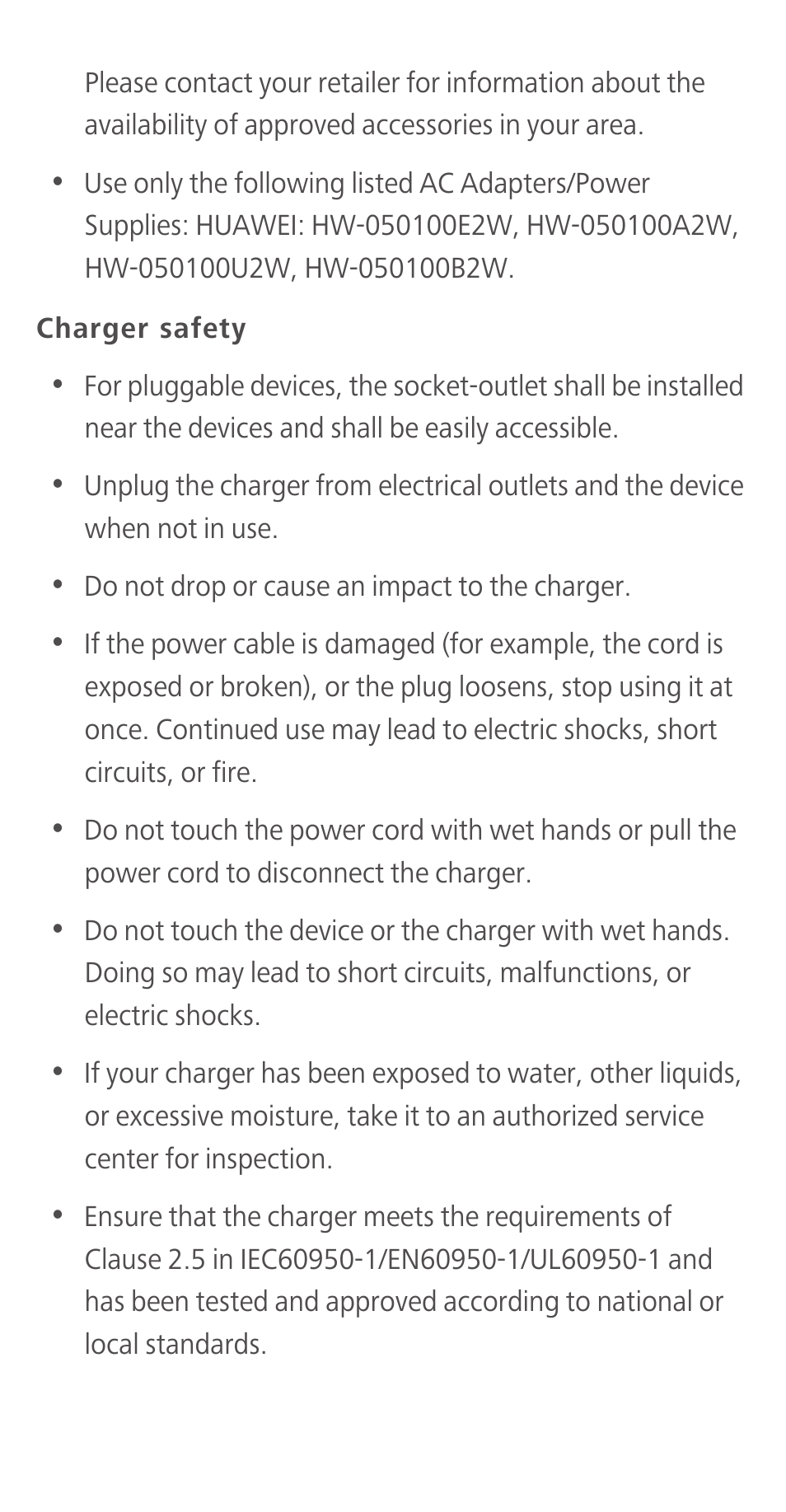 Charger safety | Huawei Ascend Y550 User Manual | Page 20 / 28