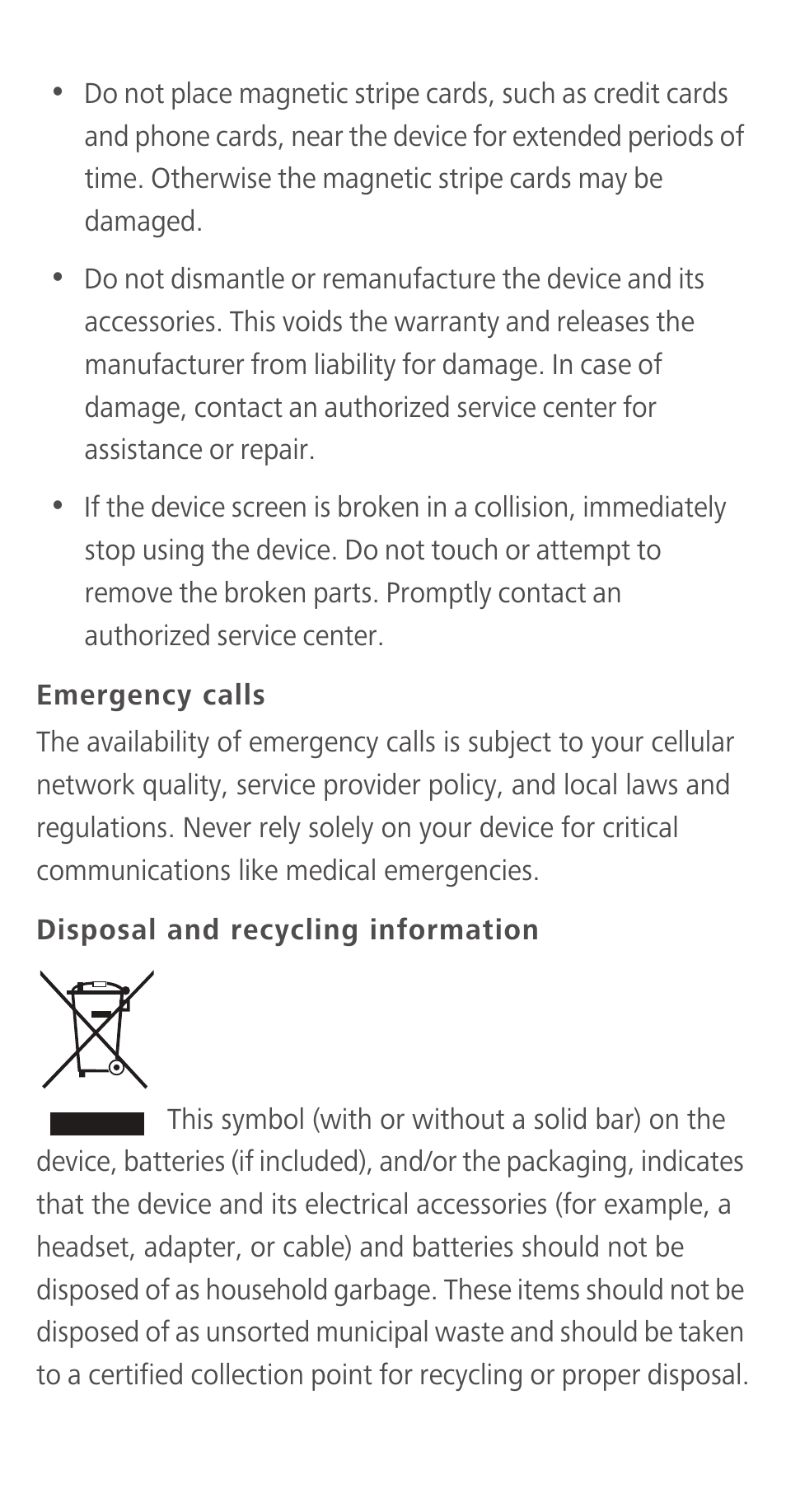 Emergency calls, Disposal and recycling information | Huawei Ascend Y550 User Manual | Page 23 / 28