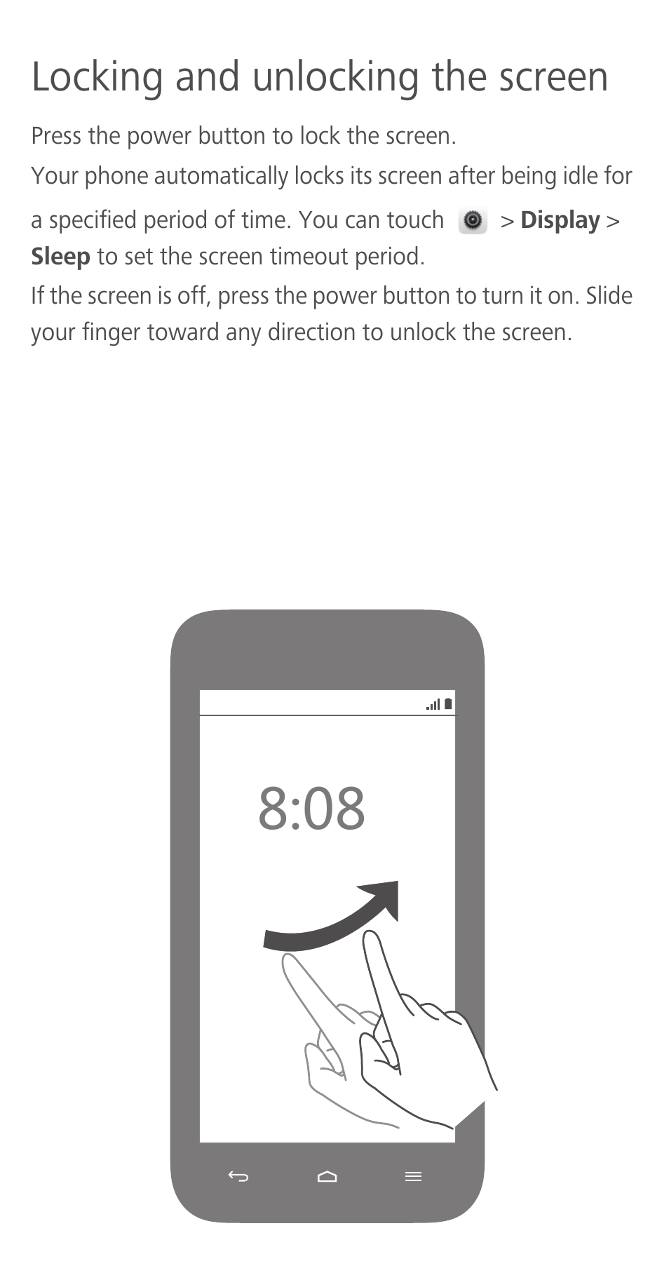 Locking and unlocking the screen | Huawei Ascend Y550 User Manual | Page 5 / 28