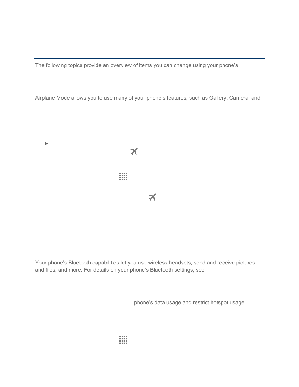 Settings, Airplane mode, Wi-fi settings | Bluetooth settings, Data usage settings | Kyocera Brigadier User Manual | Page 133 / 173