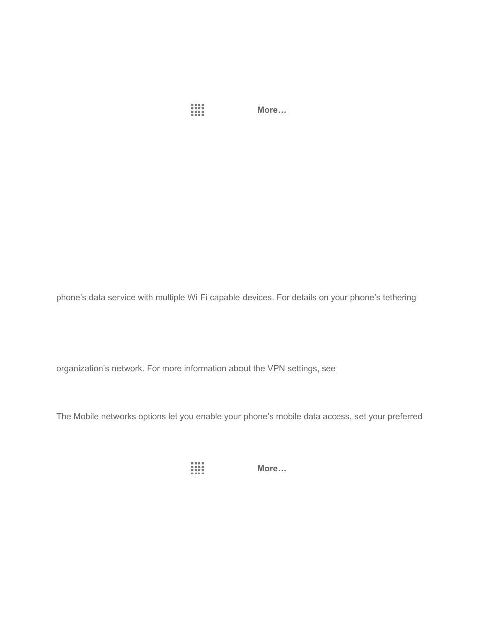 Default sms app, Nfc settings, Android beam | Tethering & mobile hotspot settings, Vpn settings, Mobile networks settings | Kyocera Brigadier User Manual | Page 136 / 173