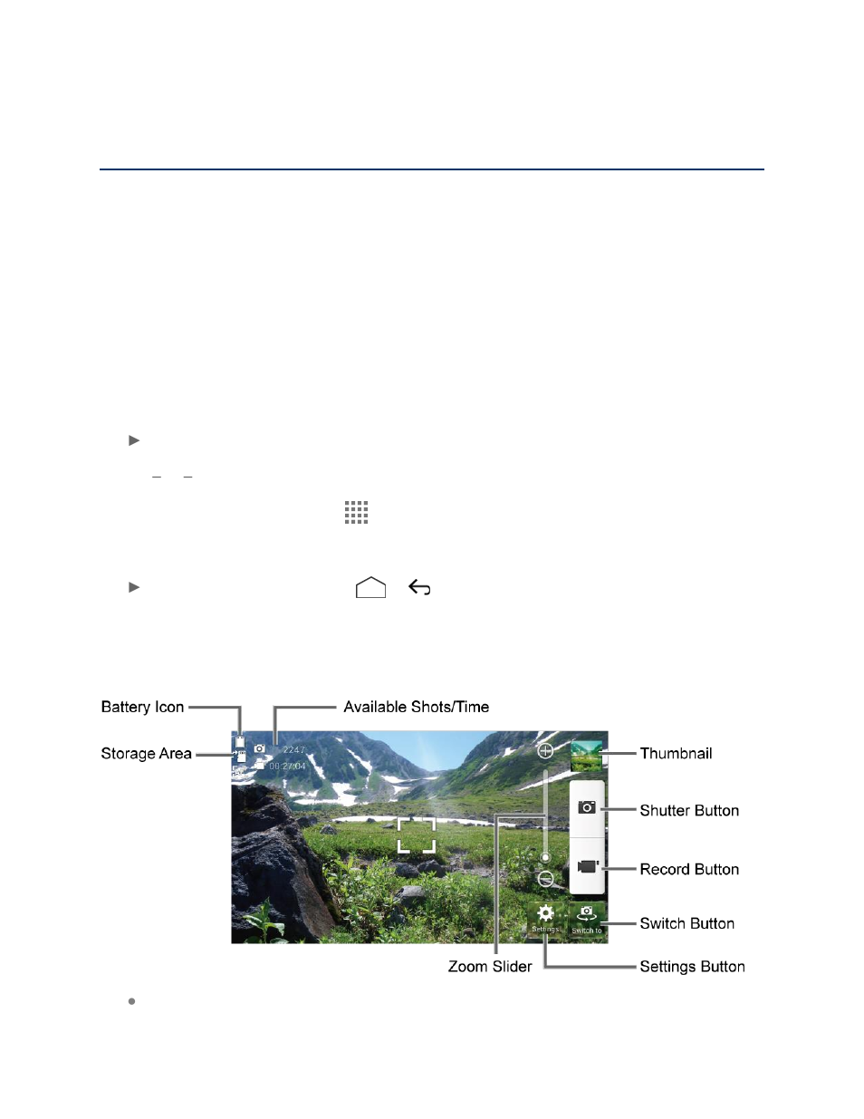Camera and camcorder, Use the camera app, Open or close the camera app | Viewfinder screen | Kyocera Brigadier User Manual | Page 97 / 173