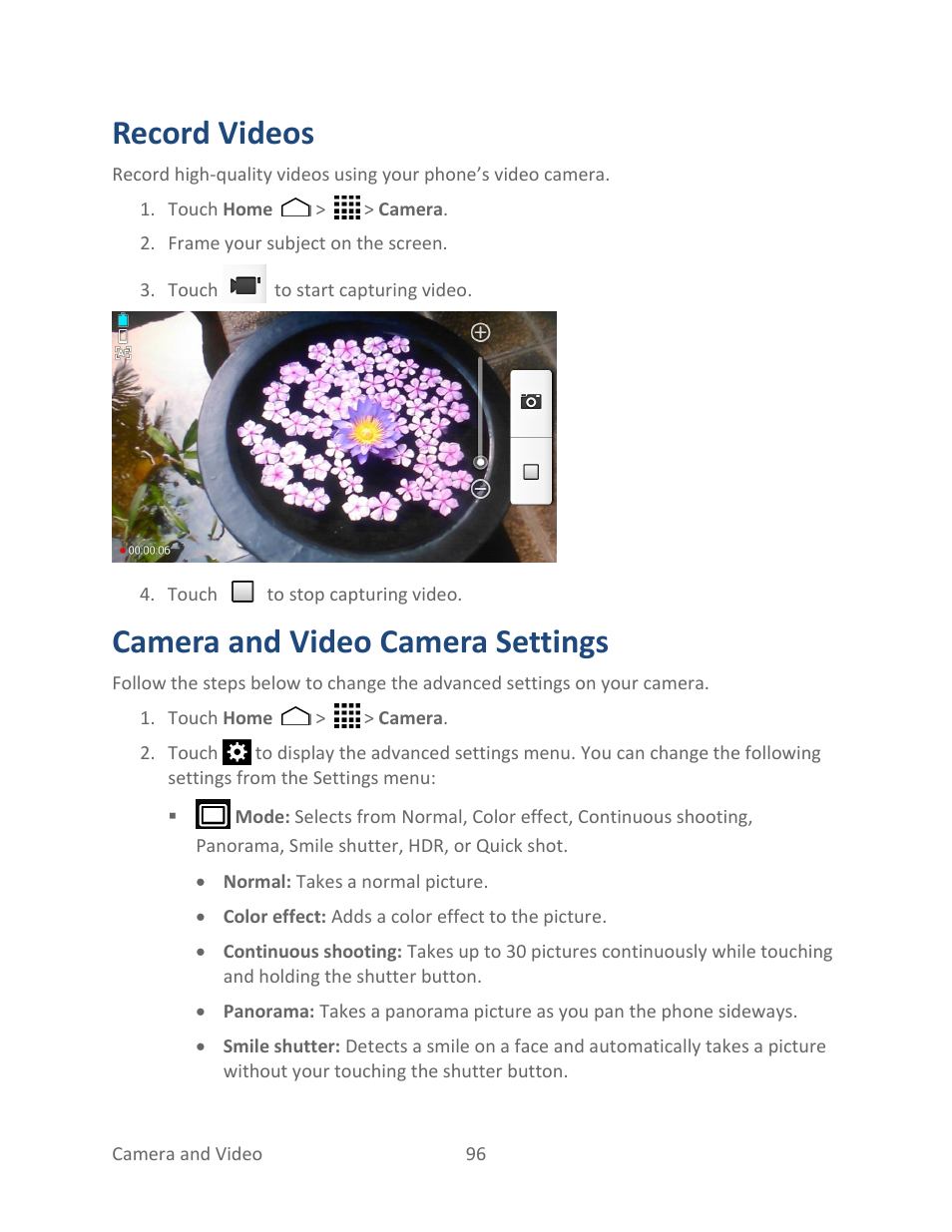 Record videos, Camera and video camera settings | Kyocera Hydro LIFE User Manual | Page 105 / 181
