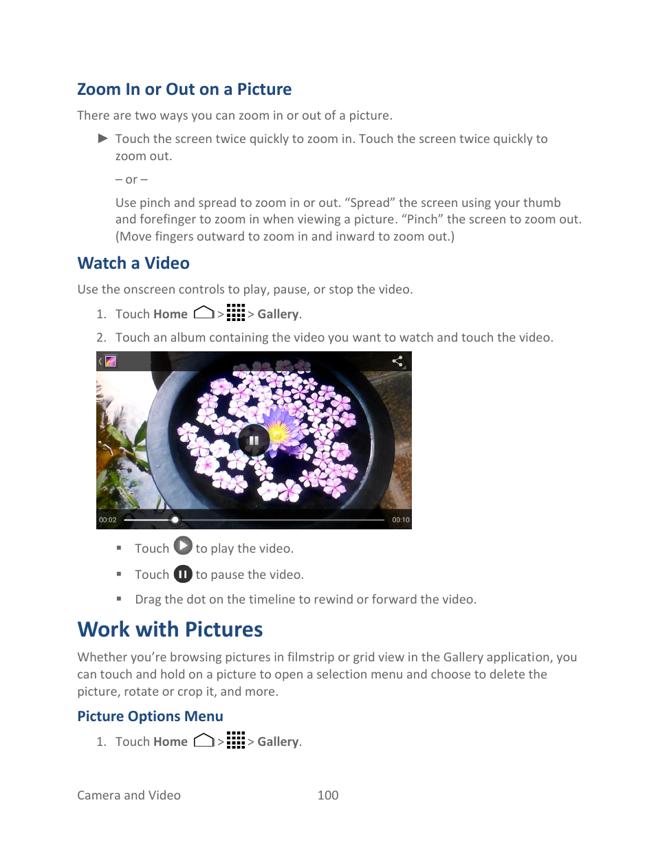 Zoom in or out on a picture, Watch a video, Work with pictures | Kyocera Hydro LIFE User Manual | Page 109 / 181