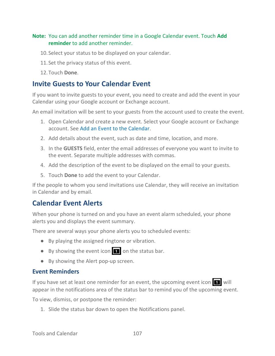 Invite guests to your calendar event, Calendar event alerts | Kyocera Hydro LIFE User Manual | Page 116 / 181