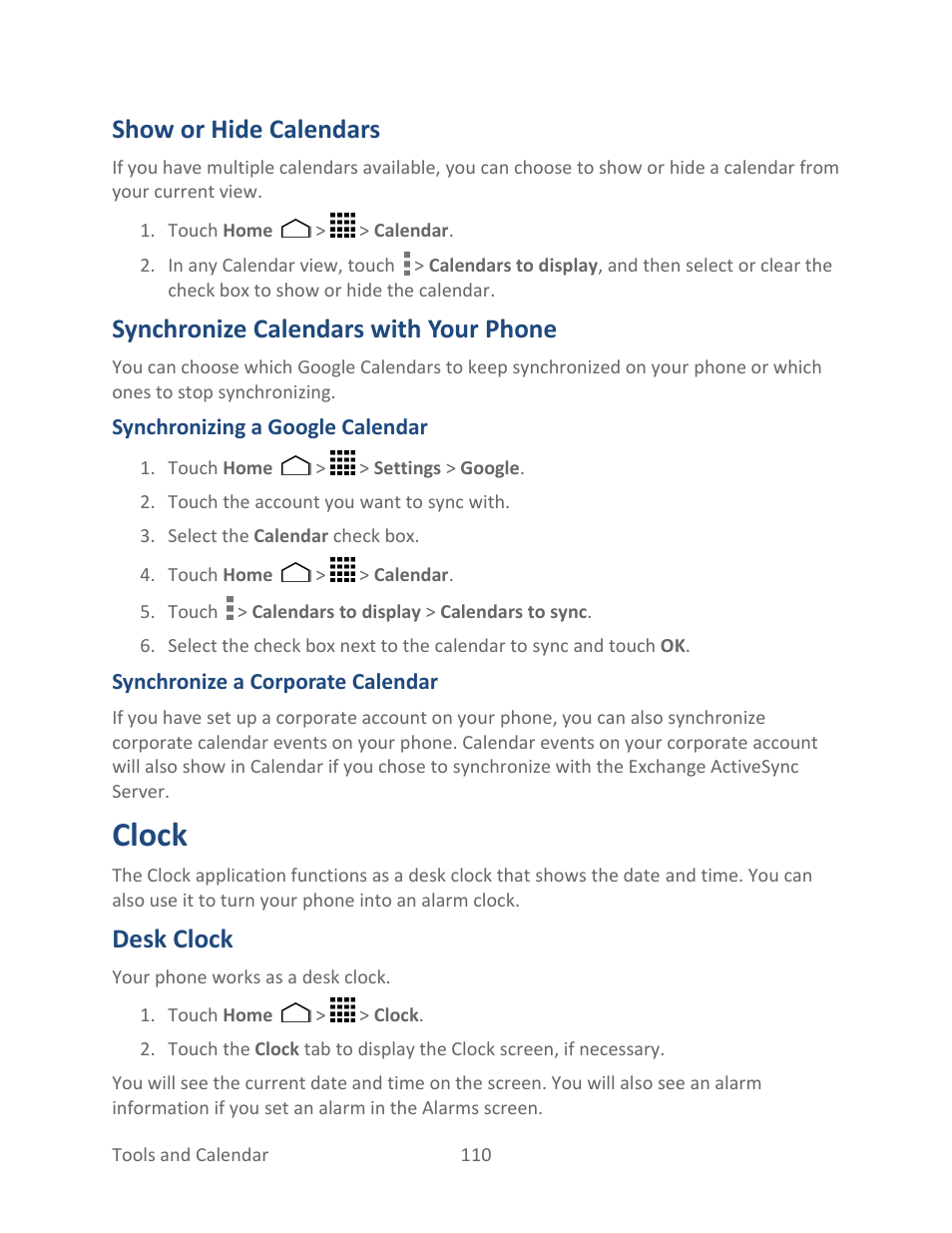 Show or hide calendars, Synchronize calendars with your phone, Clock | Desk clock | Kyocera Hydro LIFE User Manual | Page 119 / 181