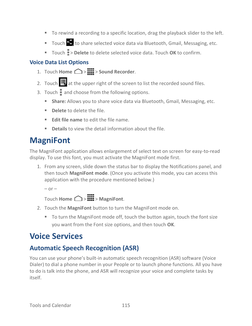 Magnifont, Voice services, Automatic speech recognition (asr) | Kyocera Hydro LIFE User Manual | Page 124 / 181