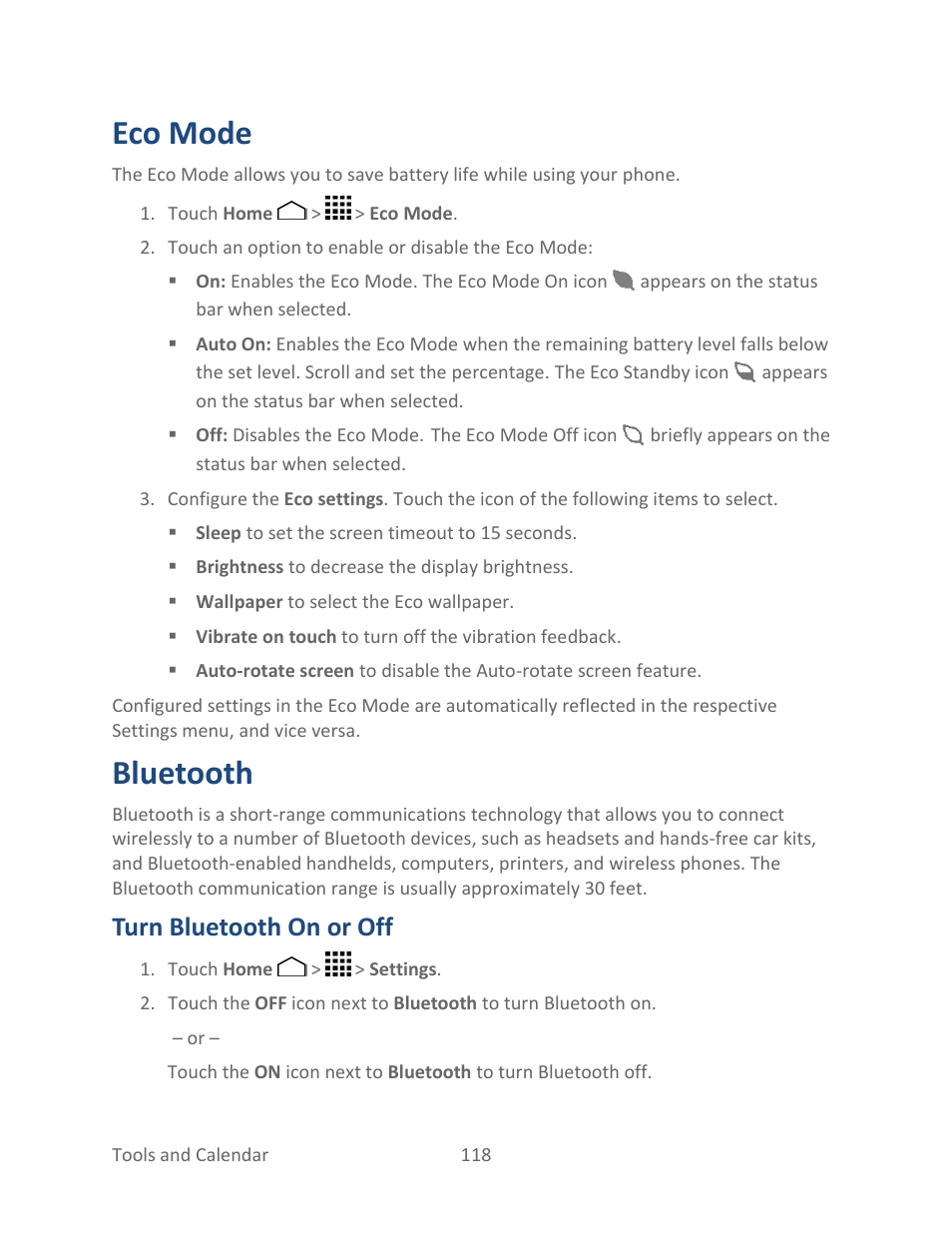 Eco mode, Bluetooth, Turn bluetooth on or off | Kyocera Hydro LIFE User Manual | Page 127 / 181