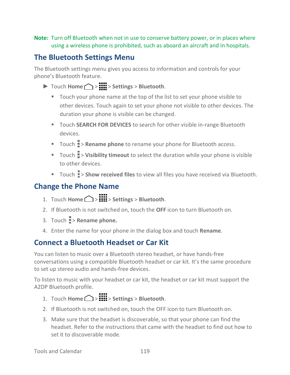 The bluetooth settings menu, Change the phone name, Connect a bluetooth headset or car kit | Kyocera Hydro LIFE User Manual | Page 128 / 181