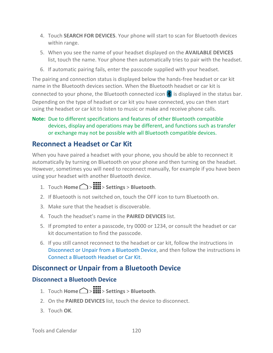 Reconnect a headset or car kit, Disconnect or unpair from a bluetooth device | Kyocera Hydro LIFE User Manual | Page 129 / 181