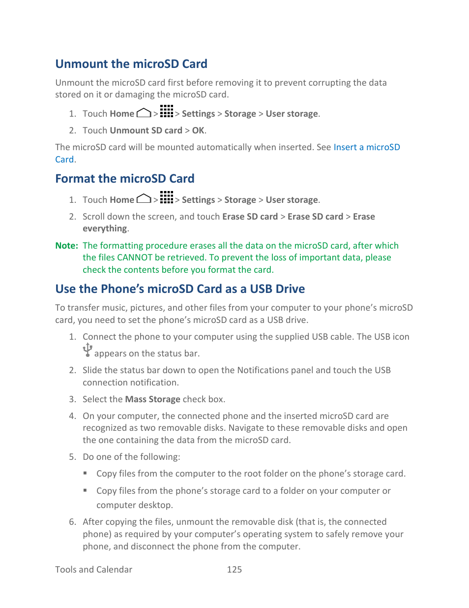 Unmount the microsd card, Format the microsd card, Use the phone’s microsd card as a usb drive | Use the phone’s, Microsd card as a usb drive | Kyocera Hydro LIFE User Manual | Page 134 / 181