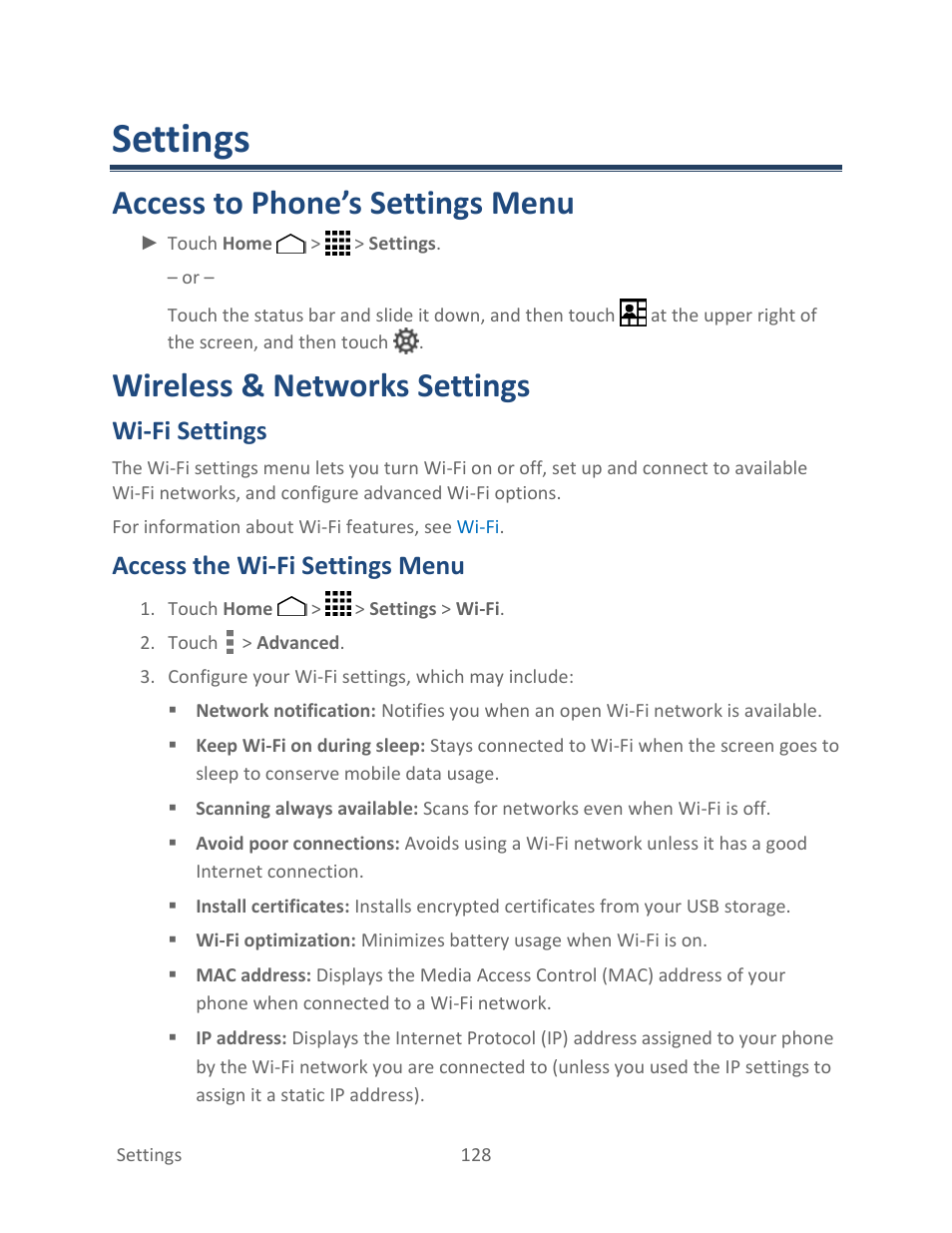 Settings, Access to phone’s settings menu, Wireless & networks settings | Wi-fi settings, Access the wi-fi settings menu | Kyocera Hydro LIFE User Manual | Page 137 / 181