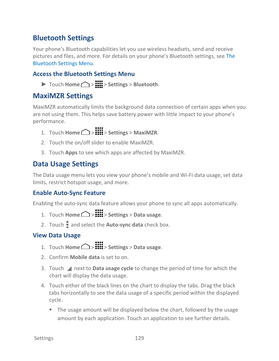 Bluetooth settings, Maximzr settings, Data usage settings | Kyocera Hydro LIFE User Manual | Page 138 / 181