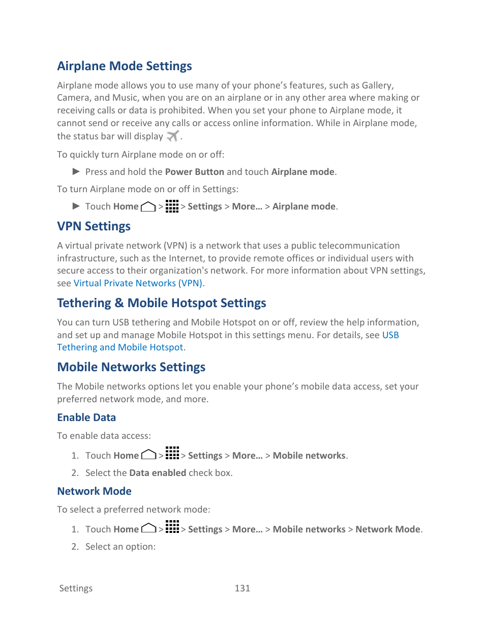 Airplane mode settings, Vpn settings, Tethering & mobile hotspot settings | Mobile networks settings | Kyocera Hydro LIFE User Manual | Page 140 / 181