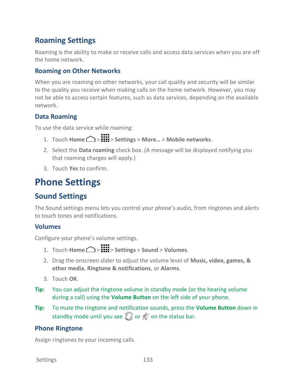 Roaming settings, Phone settings, Sound settings | Kyocera Hydro LIFE User Manual | Page 142 / 181