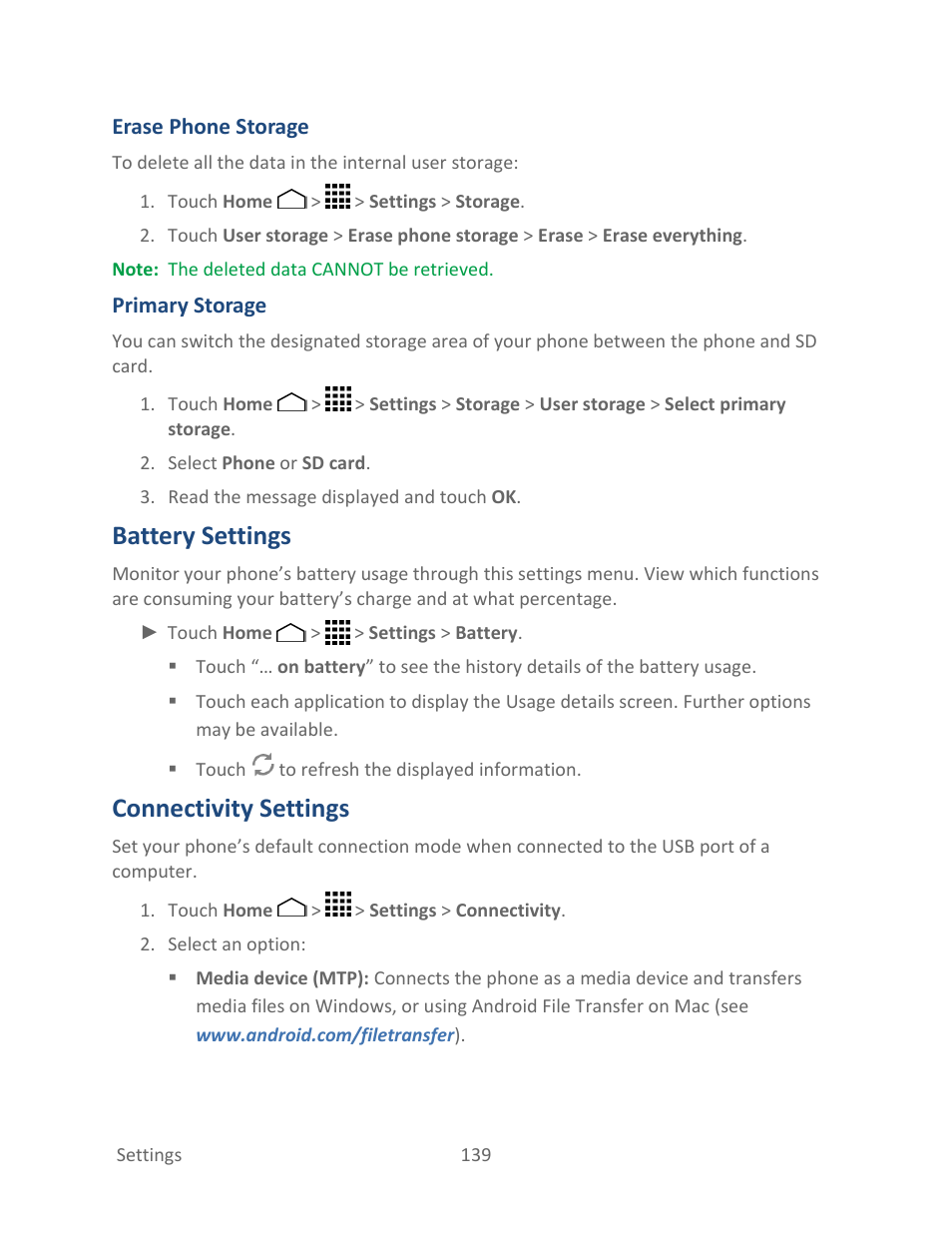 Battery settings, Connectivity settings | Kyocera Hydro LIFE User Manual | Page 148 / 181