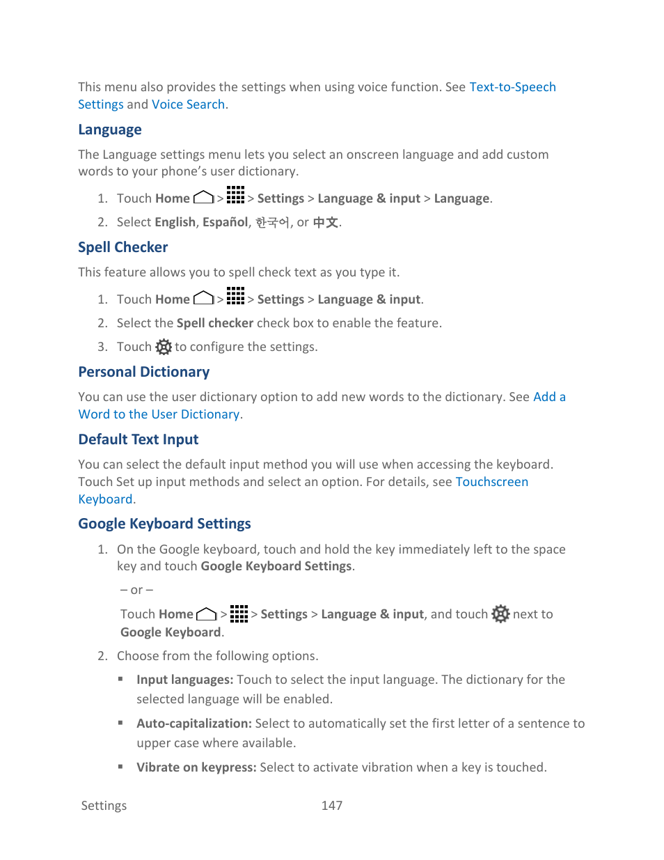 Google keyboard, Settings, Google keyboard settings | Kyocera Hydro LIFE User Manual | Page 156 / 181