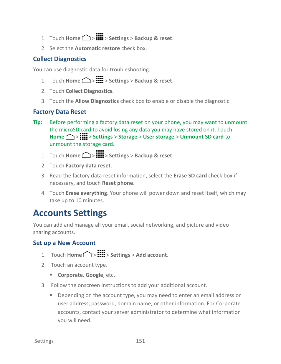 Accounts settings | Kyocera Hydro LIFE User Manual | Page 160 / 181