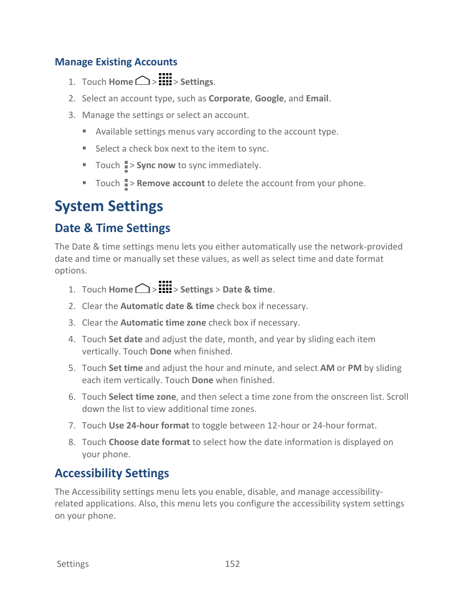System settings, Date & time settings, Accessibility settings | Manage existing, Accounts | Kyocera Hydro LIFE User Manual | Page 161 / 181