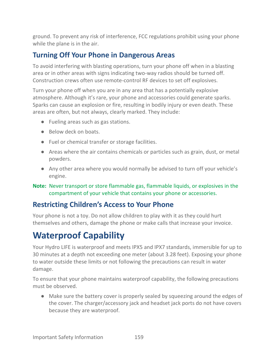 Turning off your phone in dangerous areas, Restricting children’s access to your phone, Waterproof capability | Kyocera Hydro LIFE User Manual | Page 168 / 181