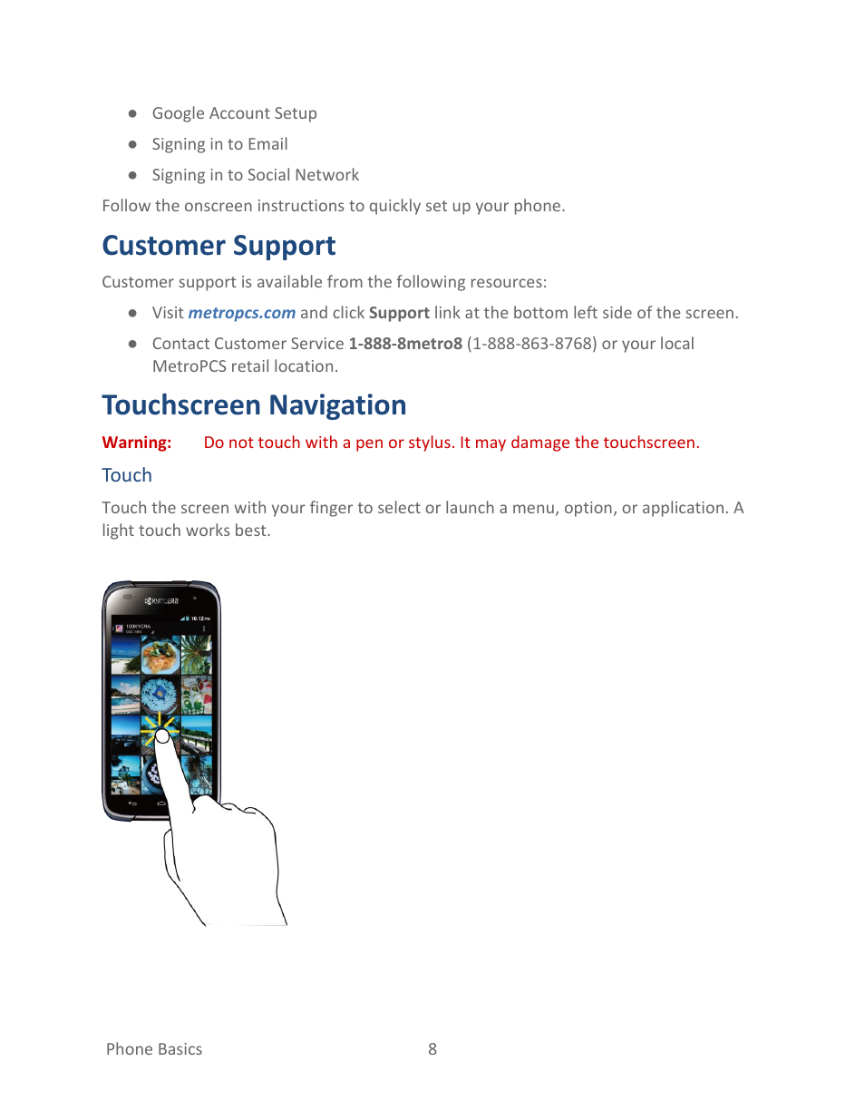 Customer support, Touchscreen navigation | Kyocera Hydro LIFE User Manual | Page 17 / 181