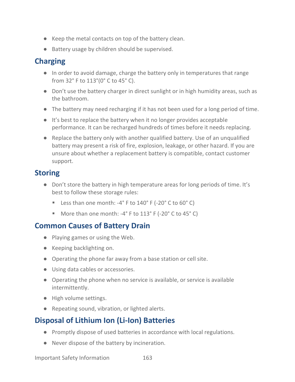 Charging, Storing, Common causes of battery drain | Disposal of lithium ion (li-ion) batteries | Kyocera Hydro LIFE User Manual | Page 172 / 181