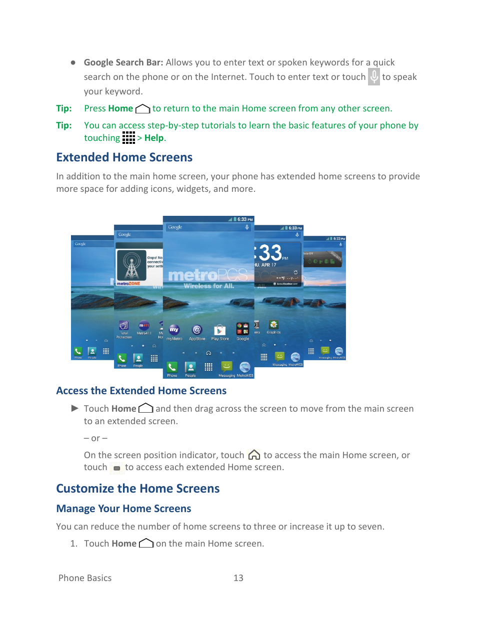 Extended home screens, Customize the home screens | Kyocera Hydro LIFE User Manual | Page 22 / 181