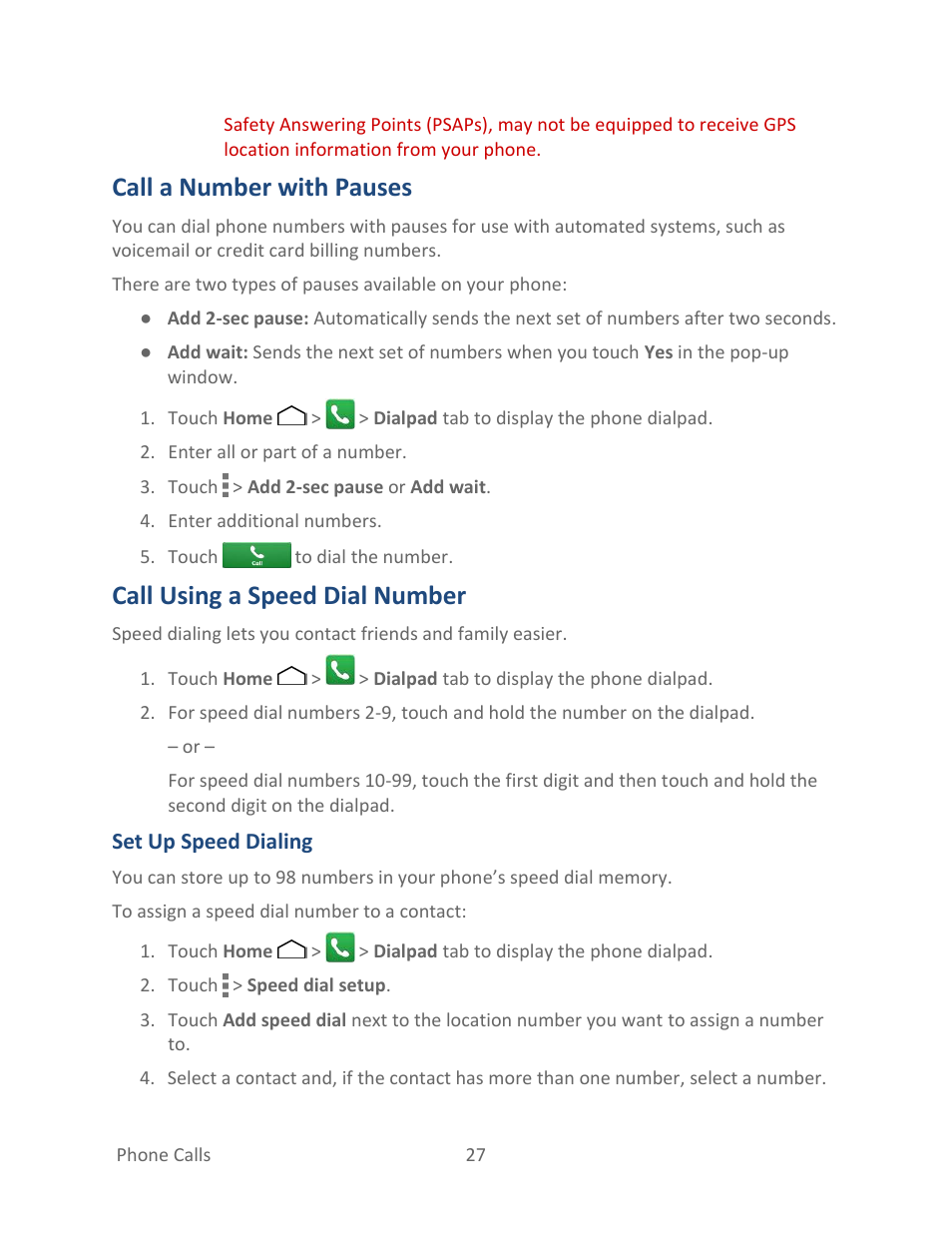 Call a number with pauses, Call using a speed dial number | Kyocera Hydro LIFE User Manual | Page 36 / 181