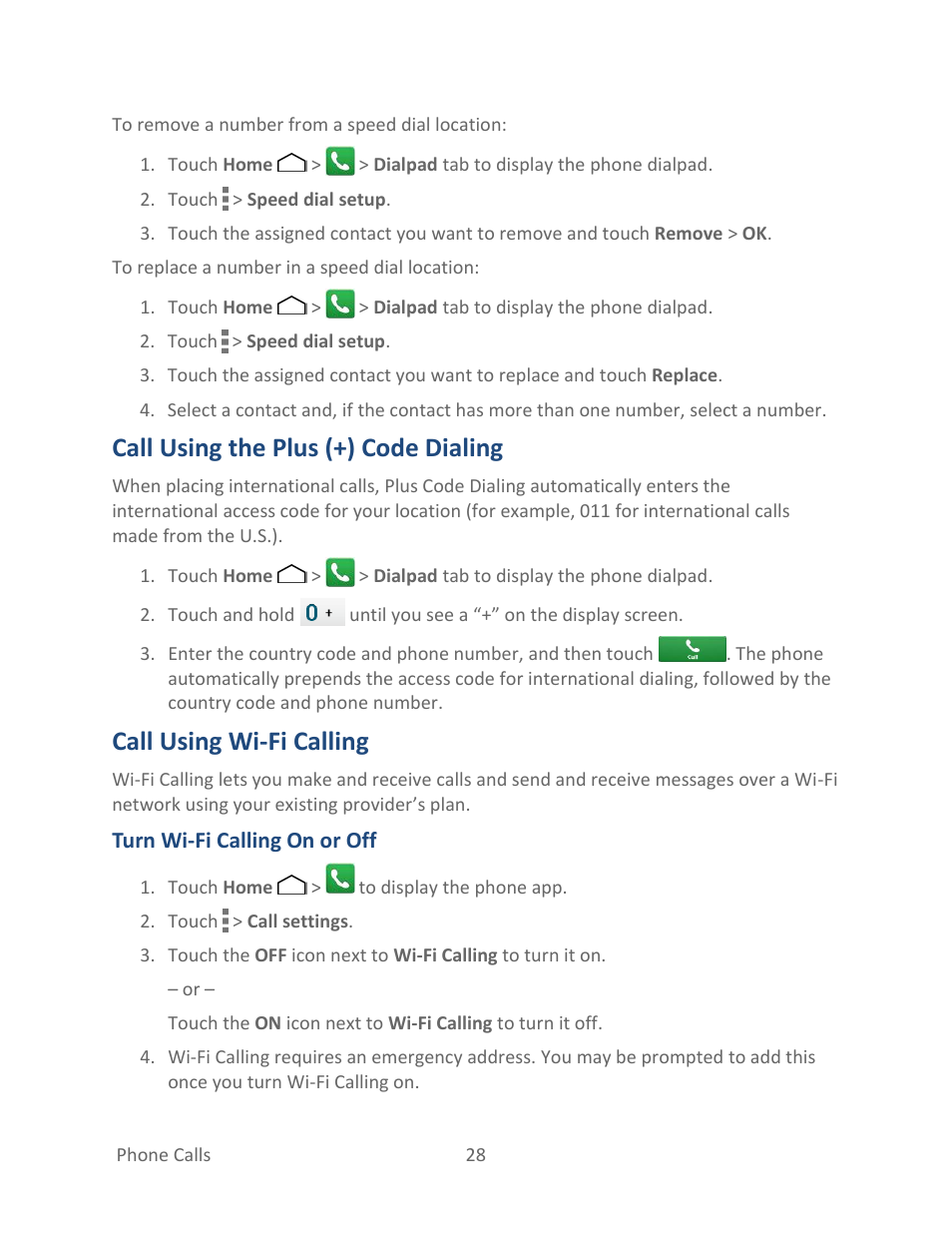 Call using the plus (+) code dialing, Call using wi-fi calling | Kyocera Hydro LIFE User Manual | Page 37 / 181