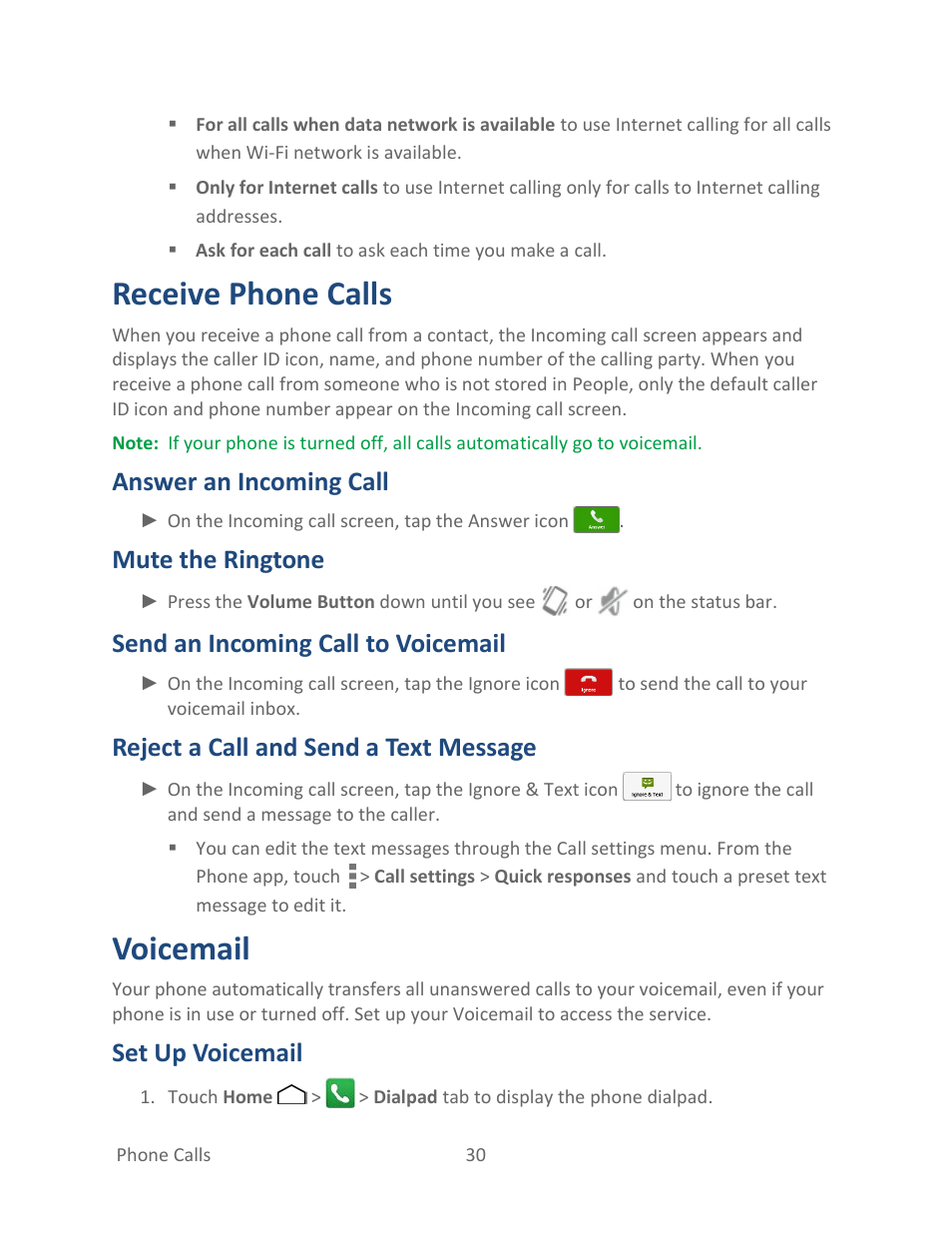 Receive phone calls, Answer an incoming call, Mute the ringtone | Send an incoming call to voicemail, Reject a call and send a text message, Voicemail, Set up voicemail | Kyocera Hydro LIFE User Manual | Page 39 / 181