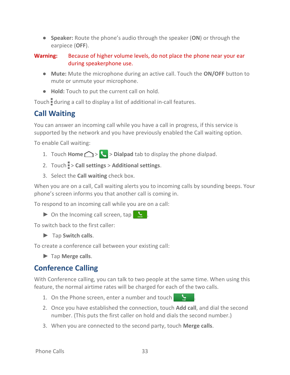 Call waiting, Conference calling | Kyocera Hydro LIFE User Manual | Page 42 / 181