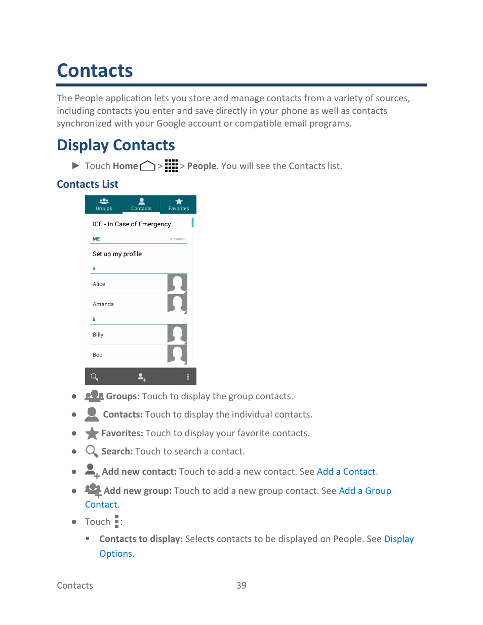 Contacts, Display contacts | Kyocera Hydro LIFE User Manual | Page 48 / 181