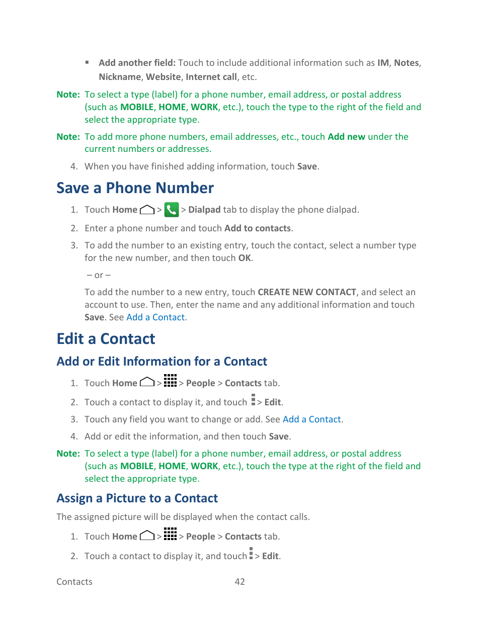 Save a phone number, Edit a contact, Add or edit information for a contact | Assign a picture to a contact | Kyocera Hydro LIFE User Manual | Page 51 / 181