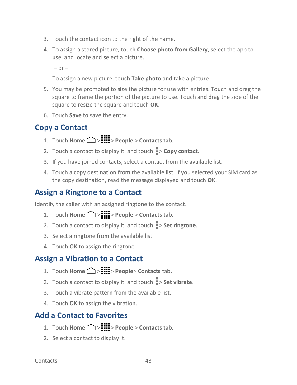 Copy a contact, Assign a ringtone to a contact, Assign a vibration to a contact | Add a contact to favorites | Kyocera Hydro LIFE User Manual | Page 52 / 181