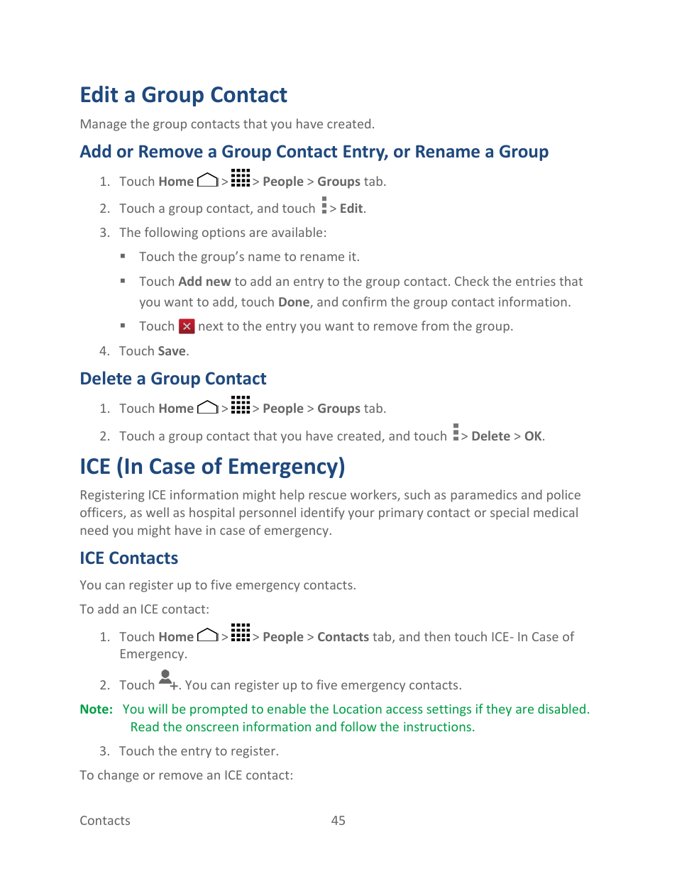 Edit a group contact, Delete a group contact, Ice (in case of emergency) | Ice contacts | Kyocera Hydro LIFE User Manual | Page 54 / 181