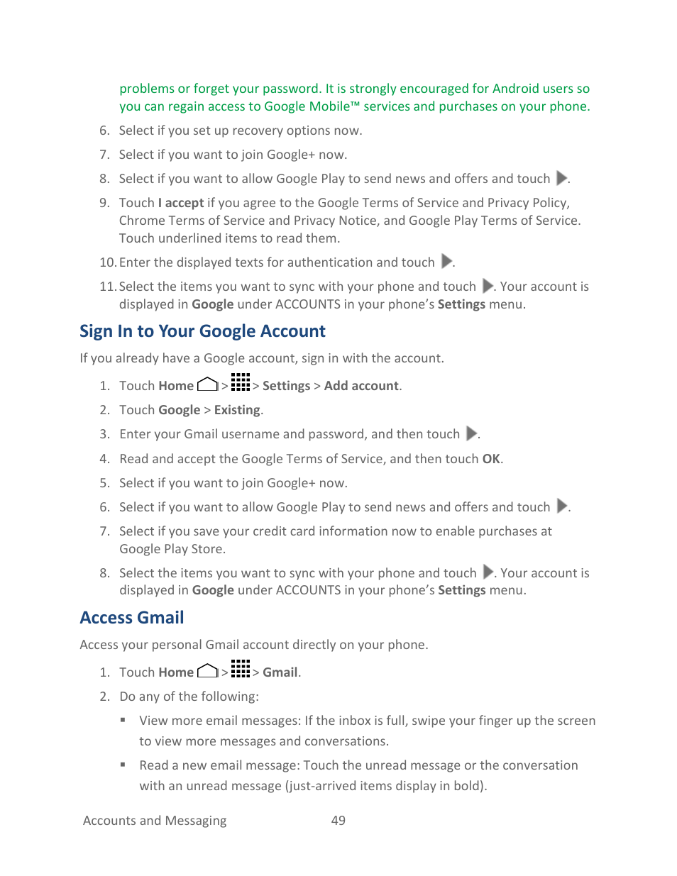 Sign in to your google account, Access gmail | Kyocera Hydro LIFE User Manual | Page 58 / 181