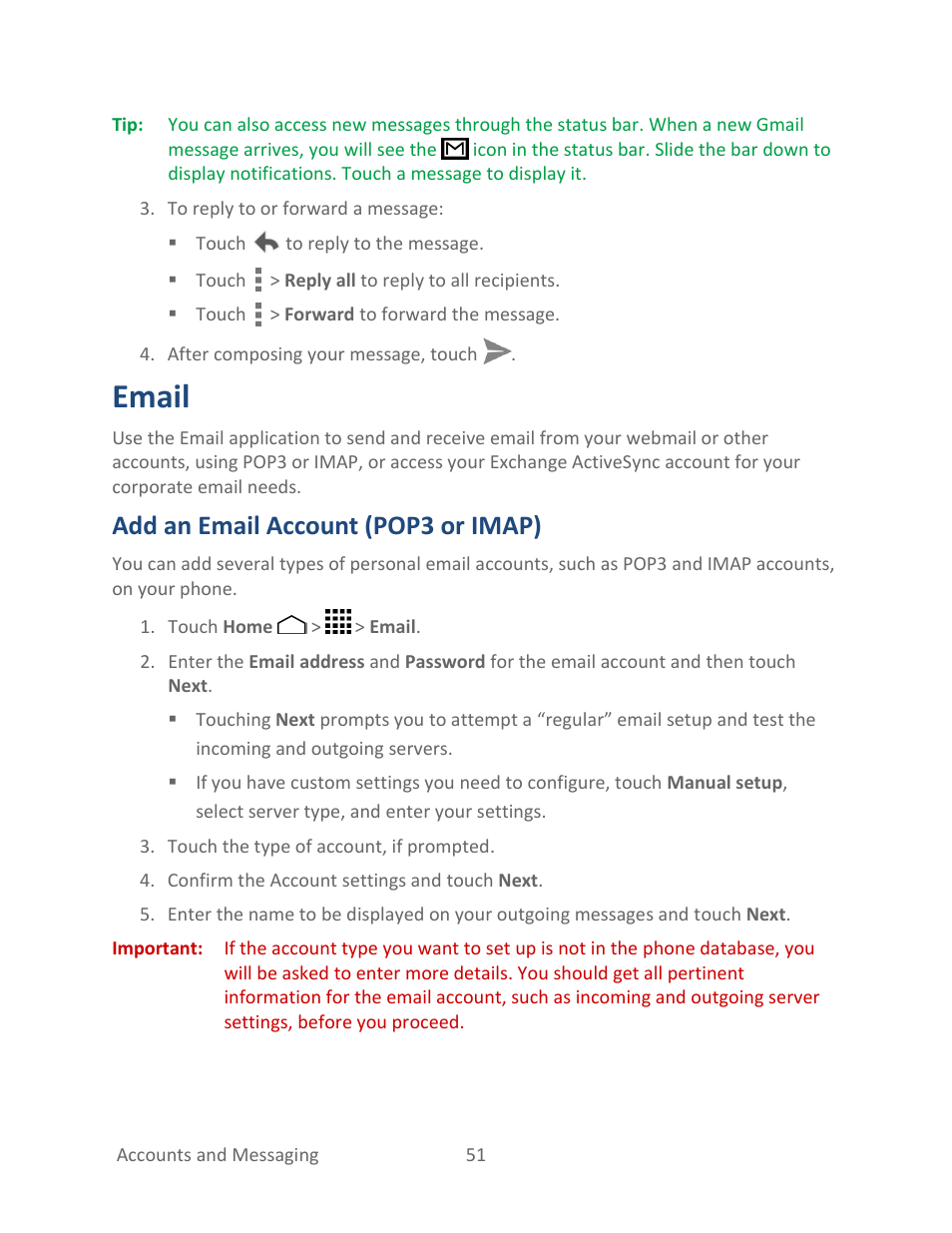 Email, Add an email account (pop3 or imap) | Kyocera Hydro LIFE User Manual | Page 60 / 181