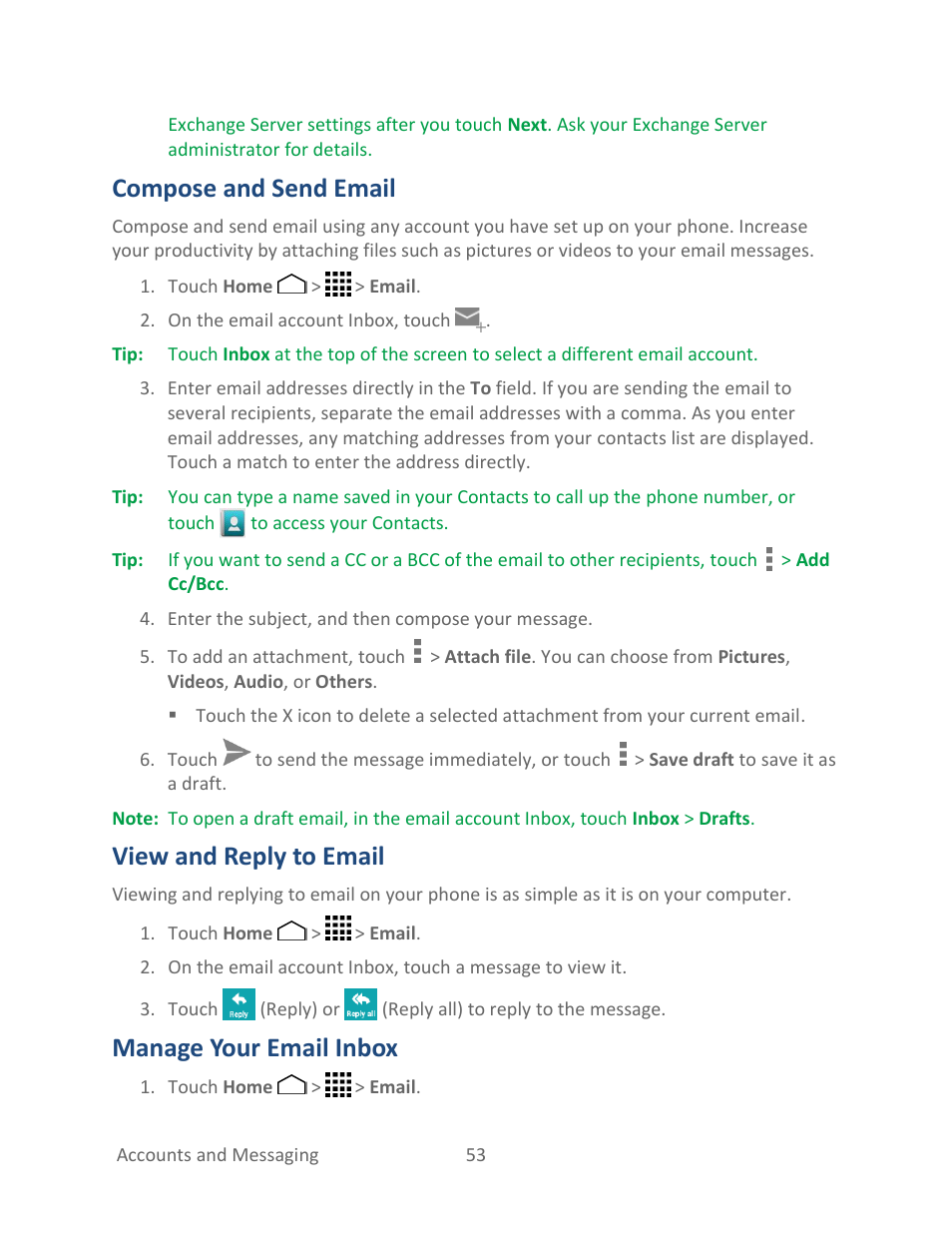 Compose and send email, View and reply to email, Manage your email inbox | Kyocera Hydro LIFE User Manual | Page 62 / 181