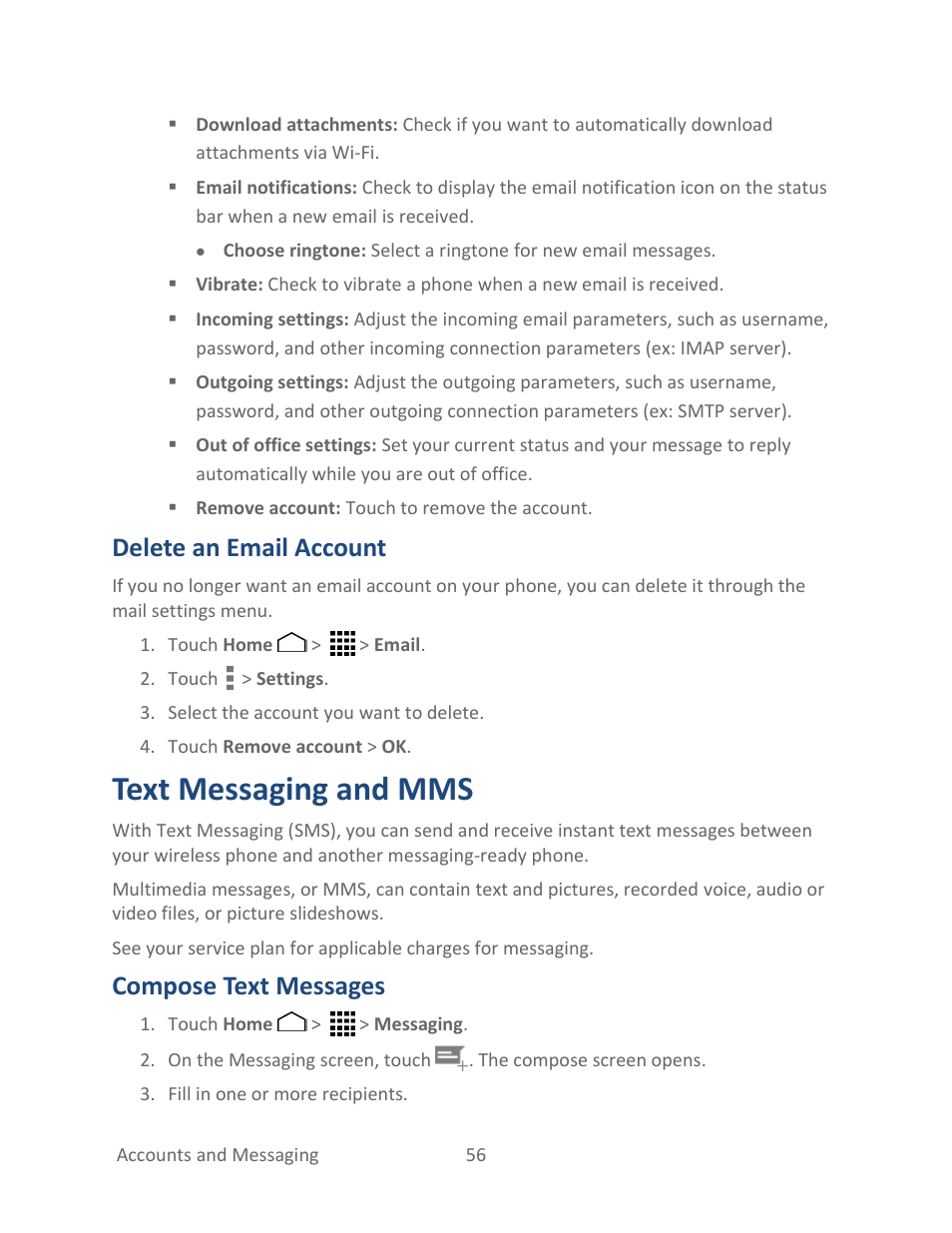 Delete an email account, Text messaging and mms, Compose text messages | Kyocera Hydro LIFE User Manual | Page 65 / 181