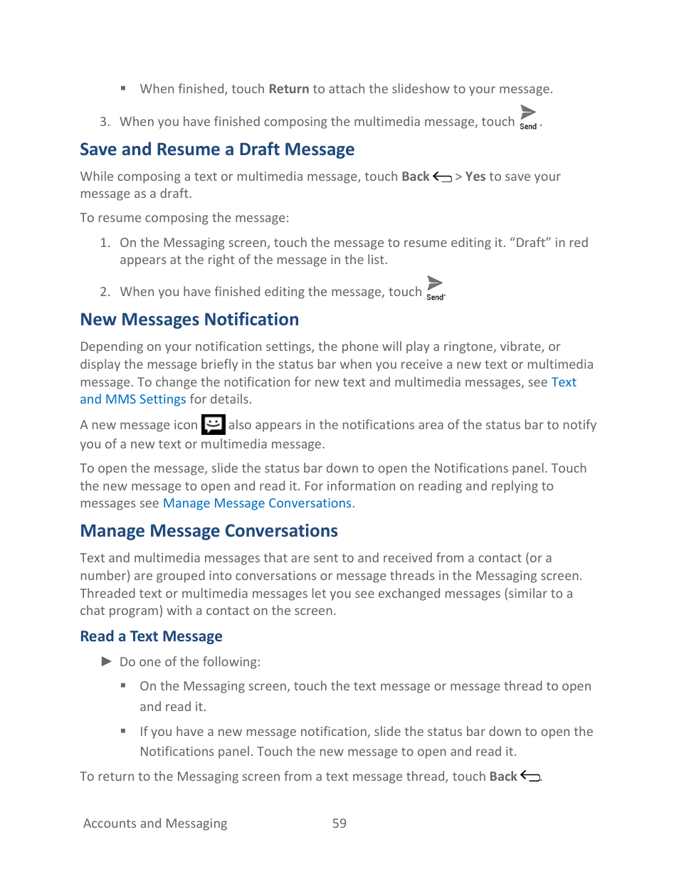 Save and resume a draft message, New messages notification, Manage message conversations | Kyocera Hydro LIFE User Manual | Page 68 / 181